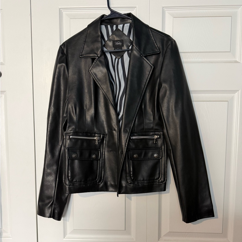 Vanity Black Leather Jacket with Zippered Pockets